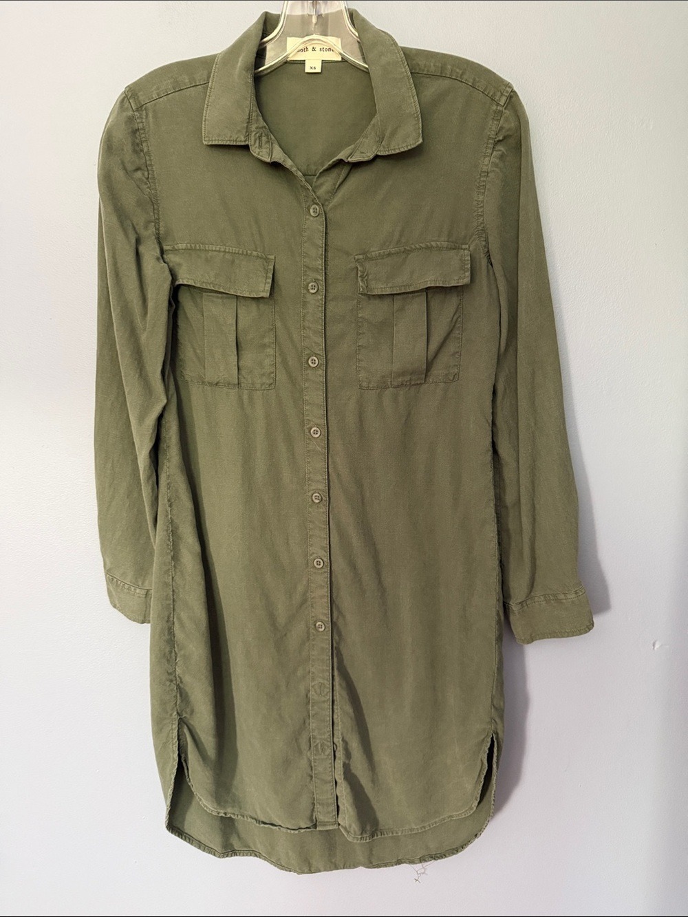Cloth & Stone Olive Green Shirt Dress XS Button Front Utility Casual - Picture 5 of 13